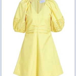 NWT Tanya Taylor Lacey Puff-Sleeve Cotton Twill Minidress, Daffodil, 12